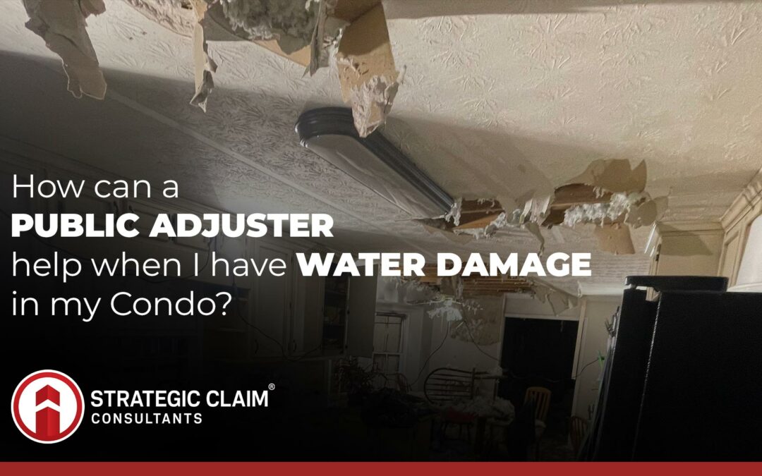 title image showing ceiling damage in a condo and questioning if a public adjuster can help with the damage mitigation